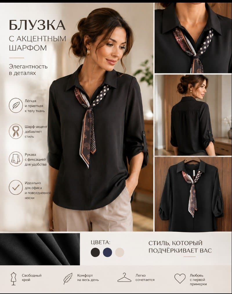 Black Blouse with Accent Scarf